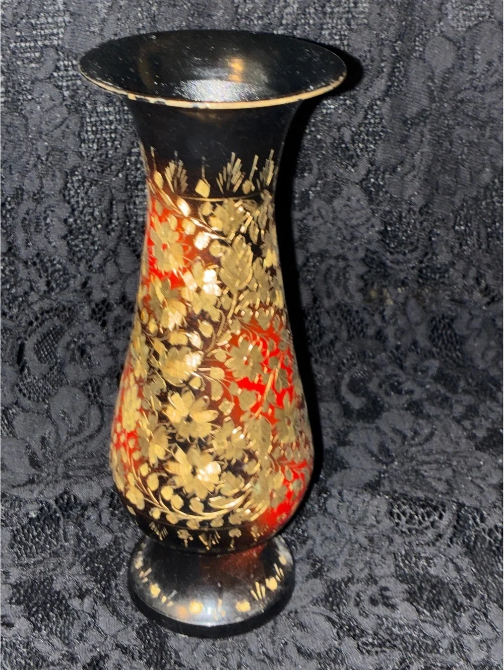 Vintage Indian Lacquered Brass Vase Black Red Etched Floral 1970s Boho Decor